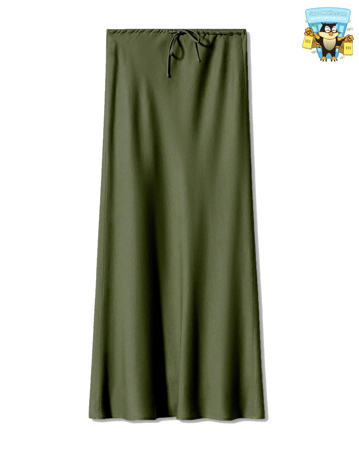 Solid Color Satin Long Skirt – High Waist Lace-Up A-Line Style