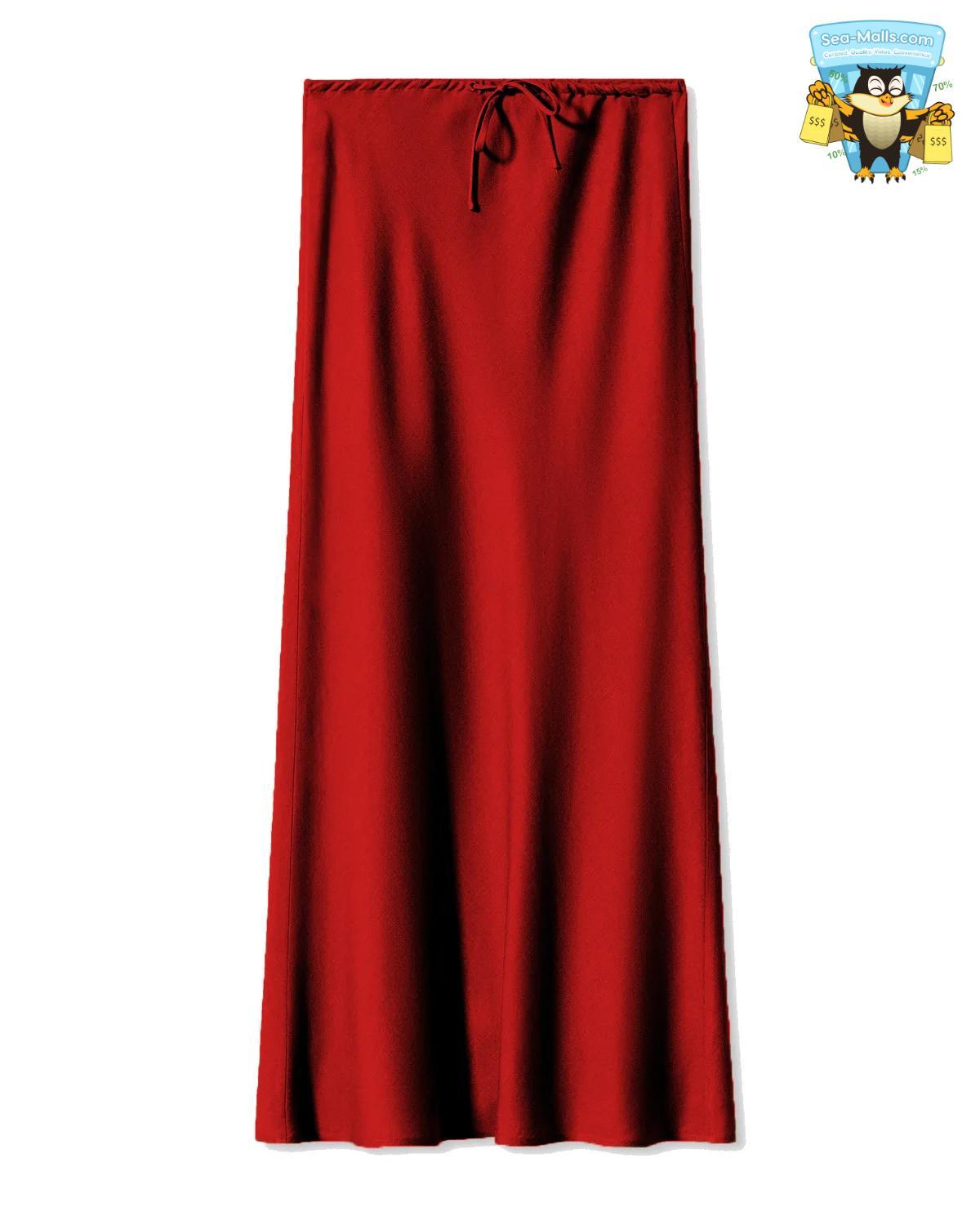 Solid Color Satin Long Skirt – High Waist Lace-Up A-Line Style