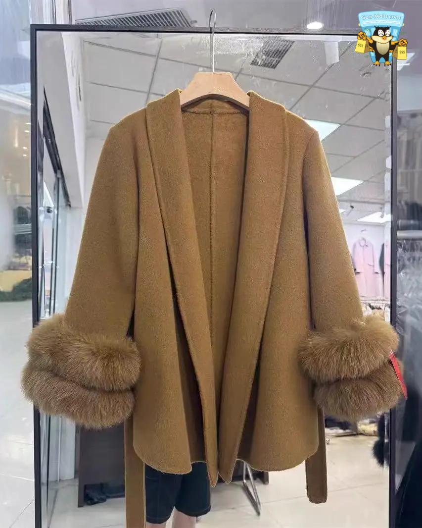 Women's Elegant Woolen Belted Coat with Fur Cuffs Long Sleeve Office Lady Overcoat