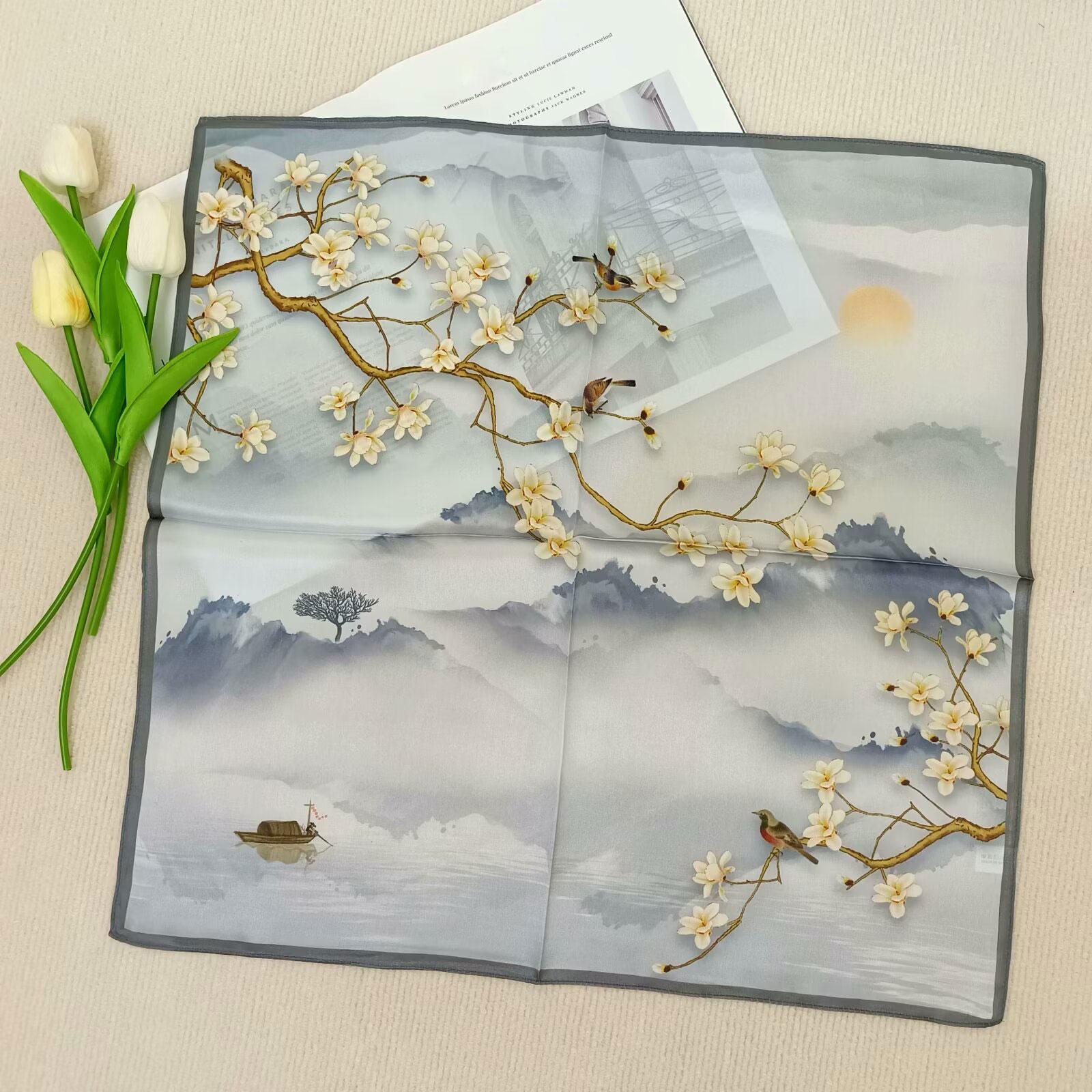 100% Pure Silk Square Scarf Women Dot Print Neckerchief Bandana
