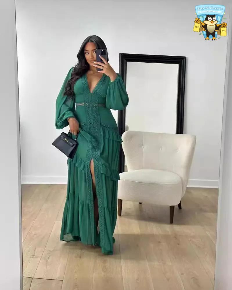 Elegant Ruffle Maxi Dress Long Sleeve Hollow Out Evening Gown