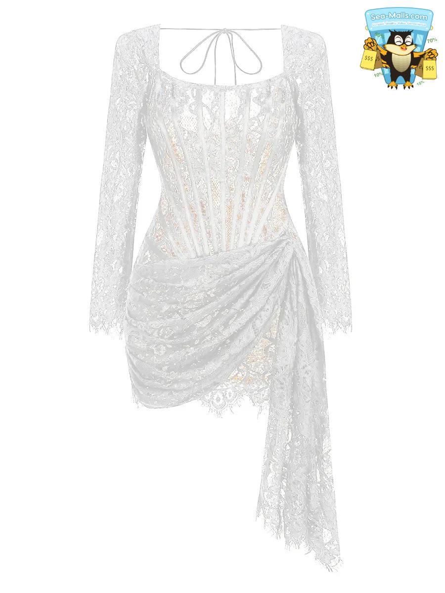 Talenza Women's Sexy Lace Dress Solid Color Sheer Patchwork High Waist Lace Dress Elegant Printed Strapless Slim Evening Dress