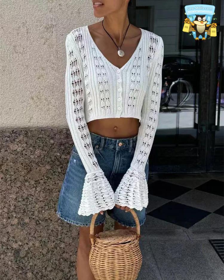 Knitwear Hollow Out Sweater Cardigan V-Neck Cropped Top