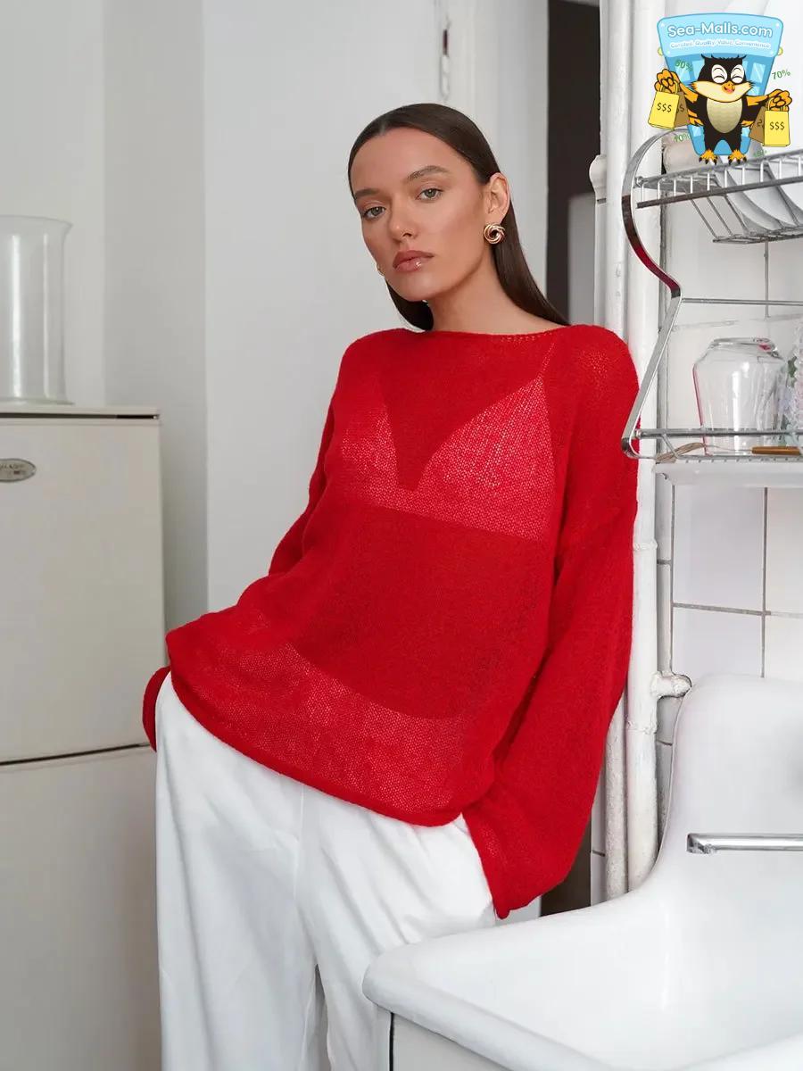 Women’s Hollow Knitted Sweater Pullover Loose Casual See-Through Long Sleeve Top