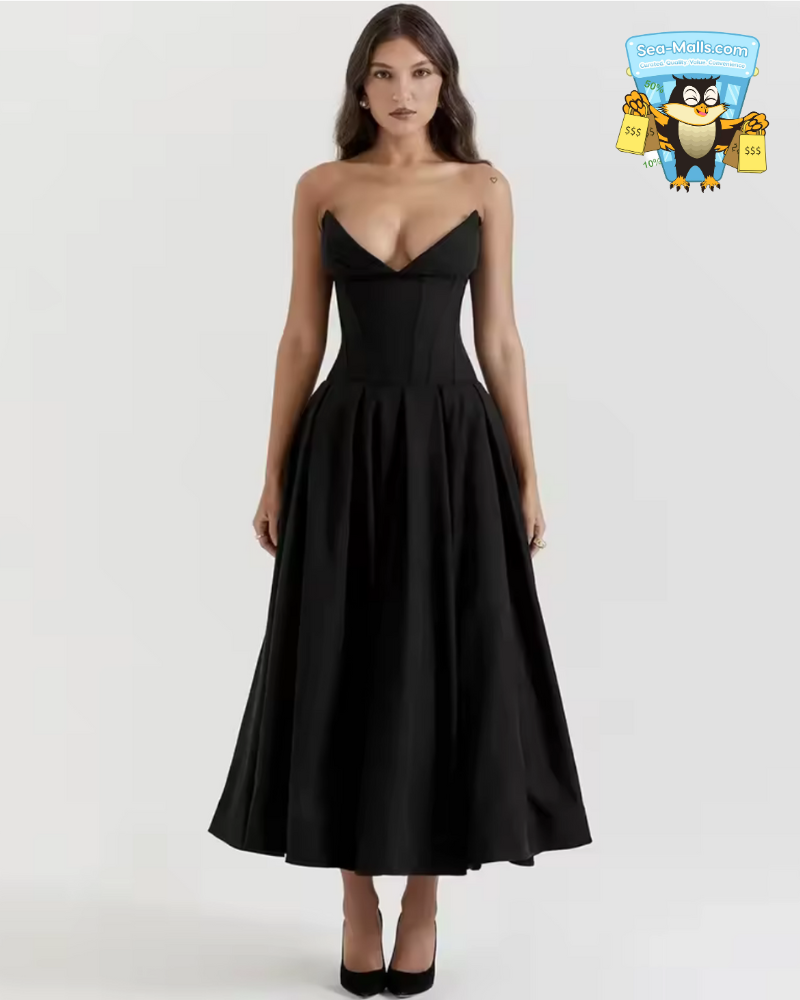 Black Strapless Corset Midi Dr