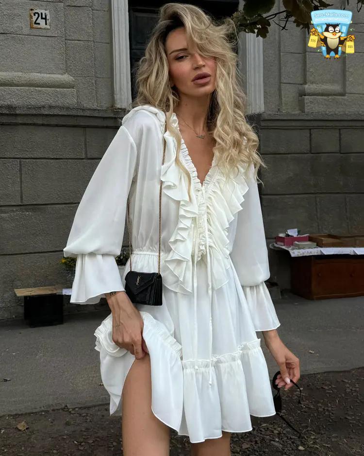 Ruffled V-Neck White Long Slee