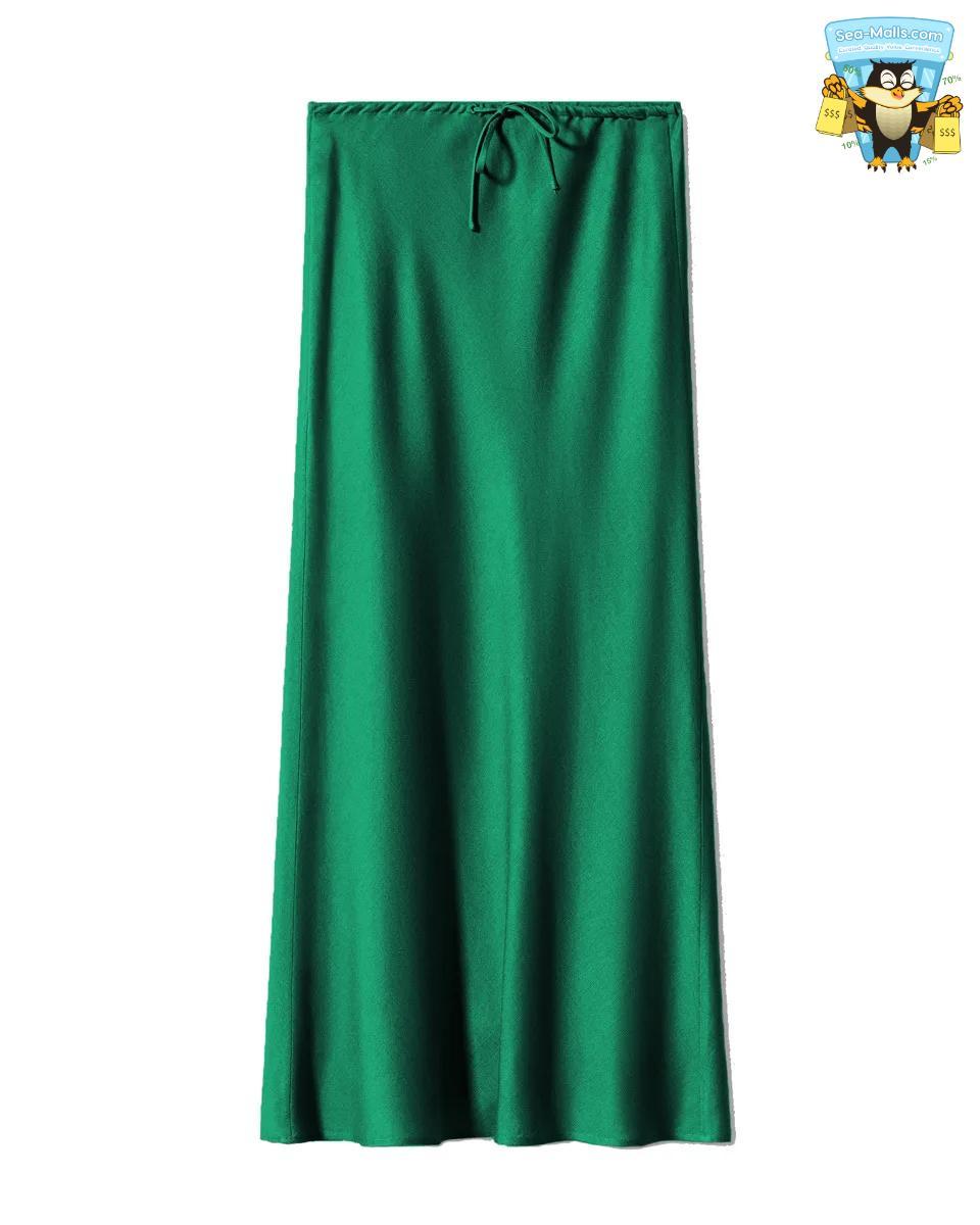 Solid Color Satin Long Skirt – High Waist Lace-Up A-Line Style
