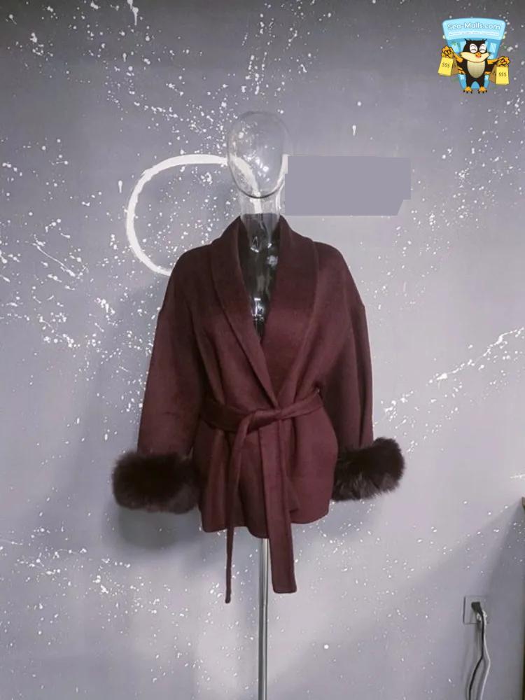 Women's Elegant Woolen Belted Coat with Fur Cuffs Long Sleeve Office Lady Overcoat