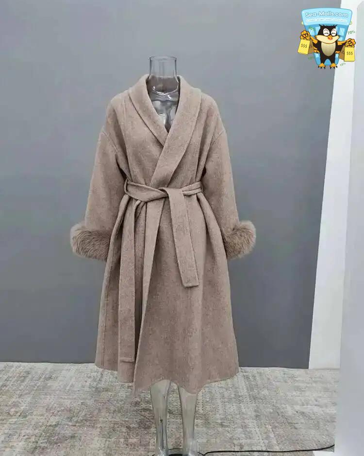 Women's Elegant Woolen Belted Coat with Fur Cuffs Long Sleeve Office Lady Overcoat