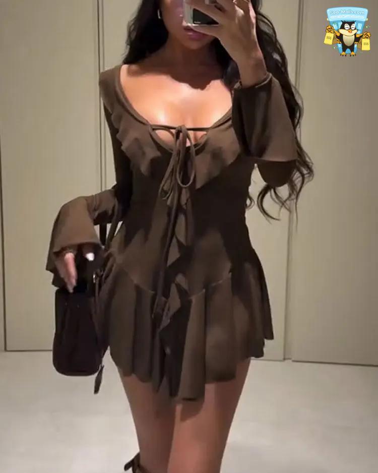 Ruffled Lace-Up V Neck Long Sleeve Summer Mini Dress