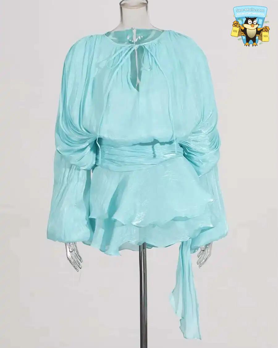 Chic Lace-Up V-Neck Mini Dress with Ruffle Hem & Tie Waist