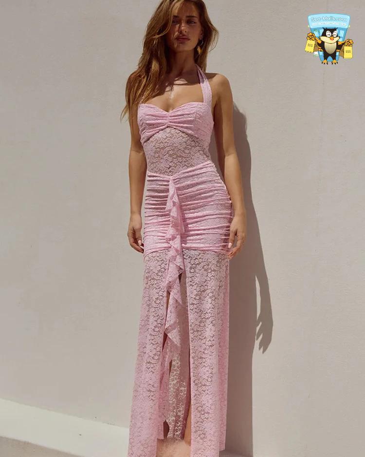 Lace Draped Maxi Dress Ruched 