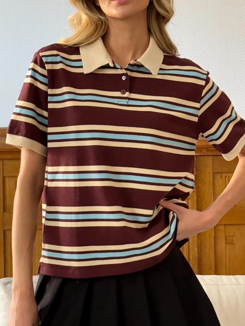 Polo Neck Cotton Crop Top Loose-Fit Chic Summer Pullover