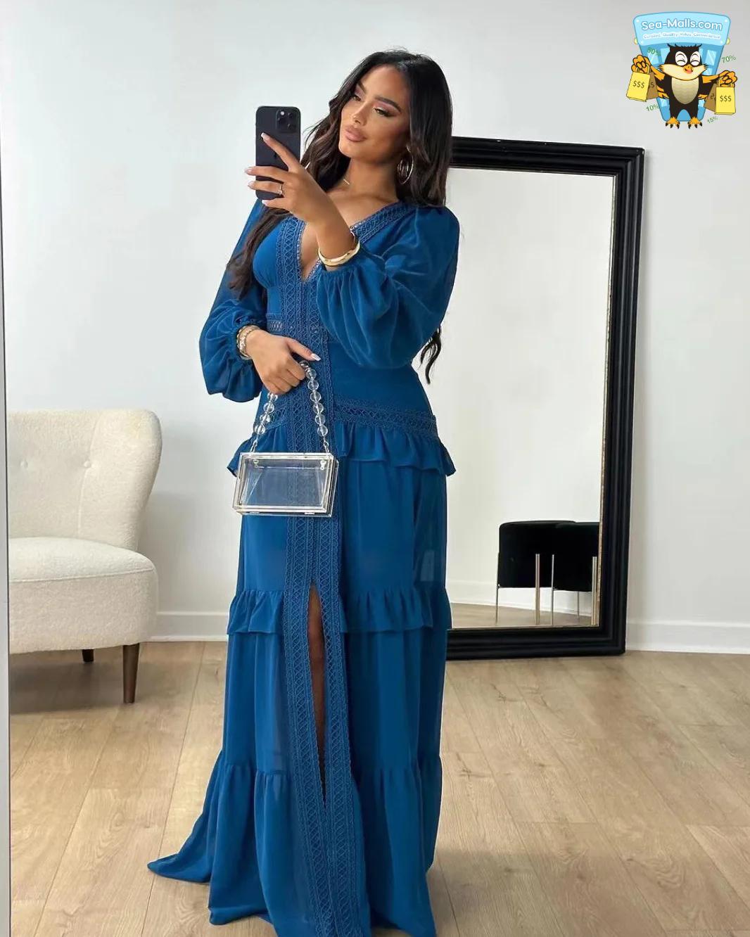 Elegant Ruffle Maxi Dress Long Sleeve Hollow Out Evening Gown