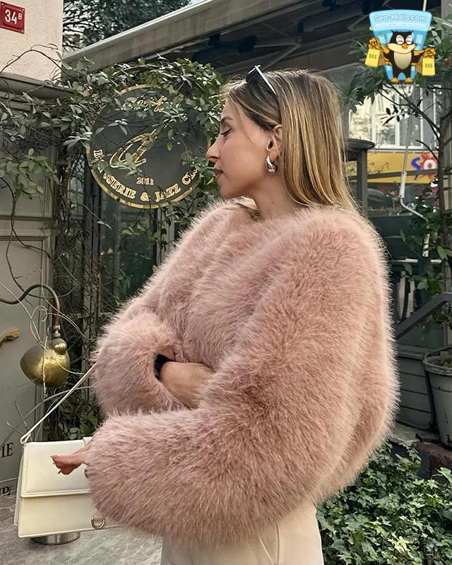 Gradient Cropped Faux Fur Coat Women Winter Luxury Streetwear
