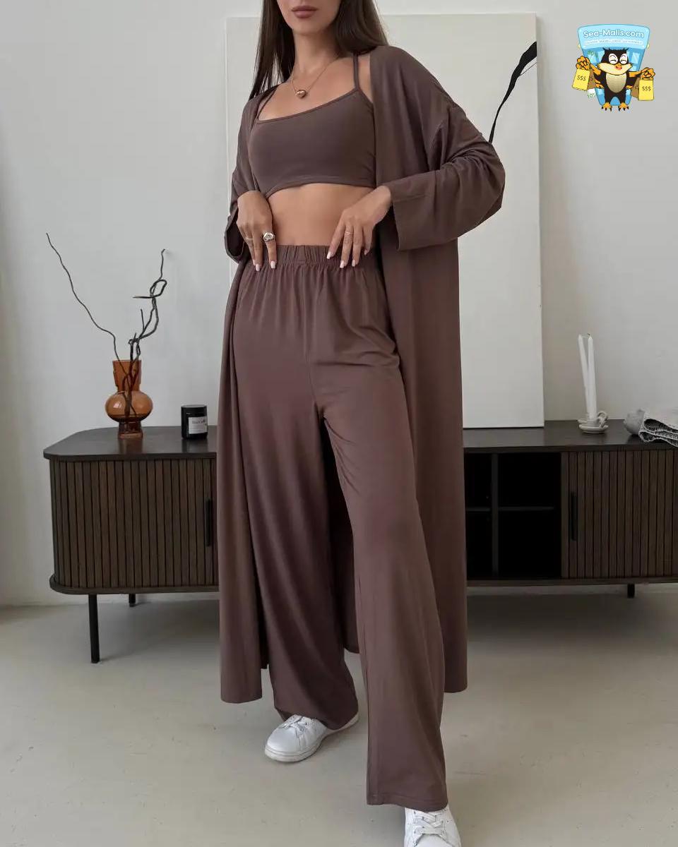 Modal 3-Piece Set Women Casual Cardigan, High Waist Pants & Vest