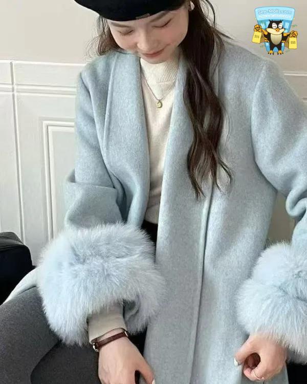 Women's Elegant Woolen Belted Coat with Fur Cuffs Long Sleeve Office Lady Overcoat