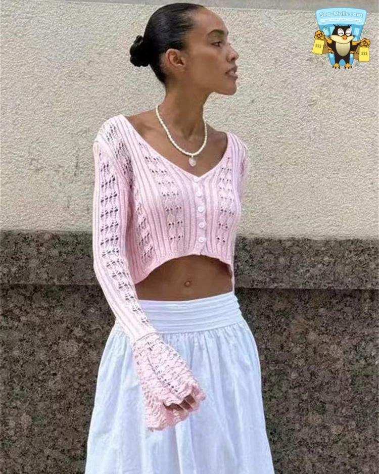 Knitwear Hollow Out Sweater Cardigan V-Neck Cropped Top