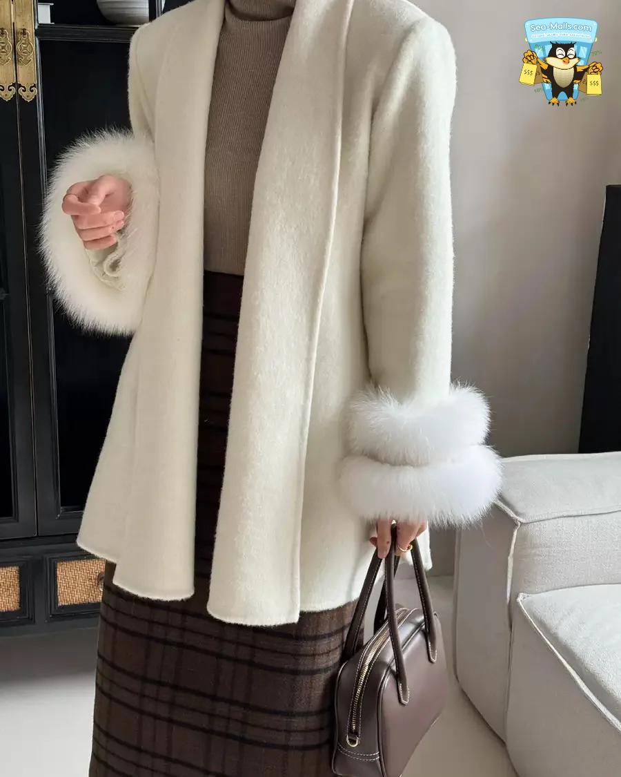 Women's Elegant Woolen Belted Coat with Fur Cuffs Long Sleeve Office Lady Overcoat