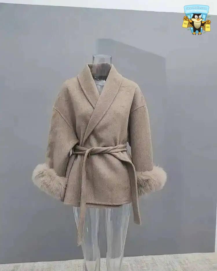 Women's Elegant Woolen Belted Coat with Fur Cuffs Long Sleeve Office Lady Overcoat