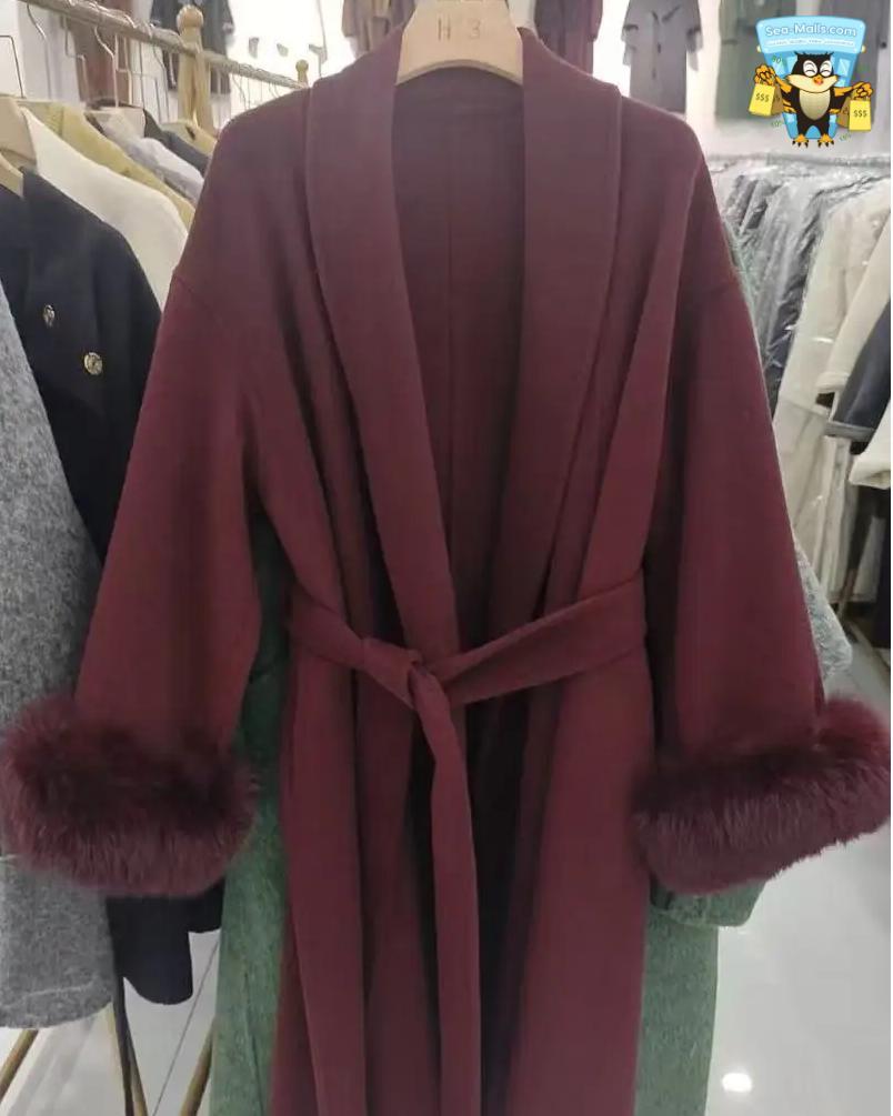 Women's Elegant Woolen Belted Coat with Fur Cuffs Long Sleeve Office Lady Overcoat