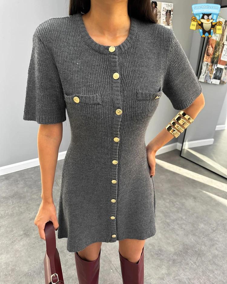 Elegant Knit Mini Dress Slim High Waist Short Sleeve Women’s Dress