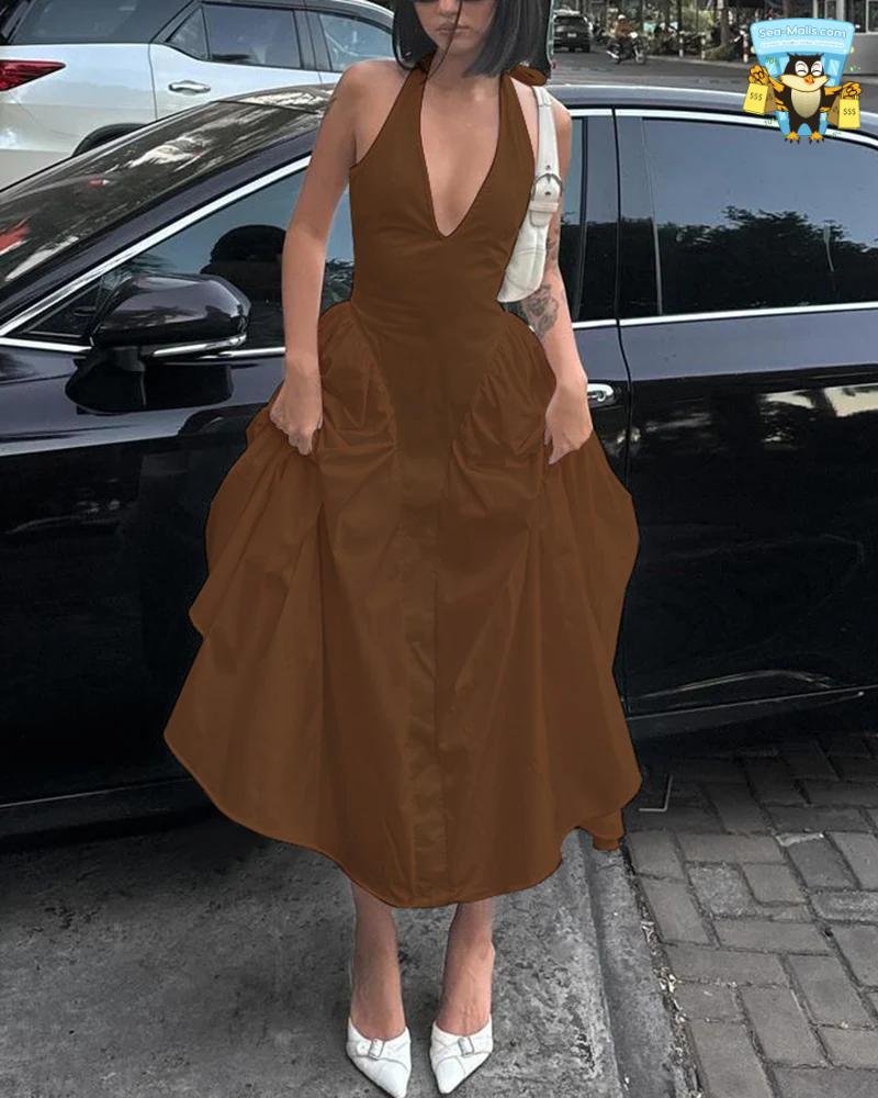Backless Deep V Long Sexy Halter Sleeveless Dress