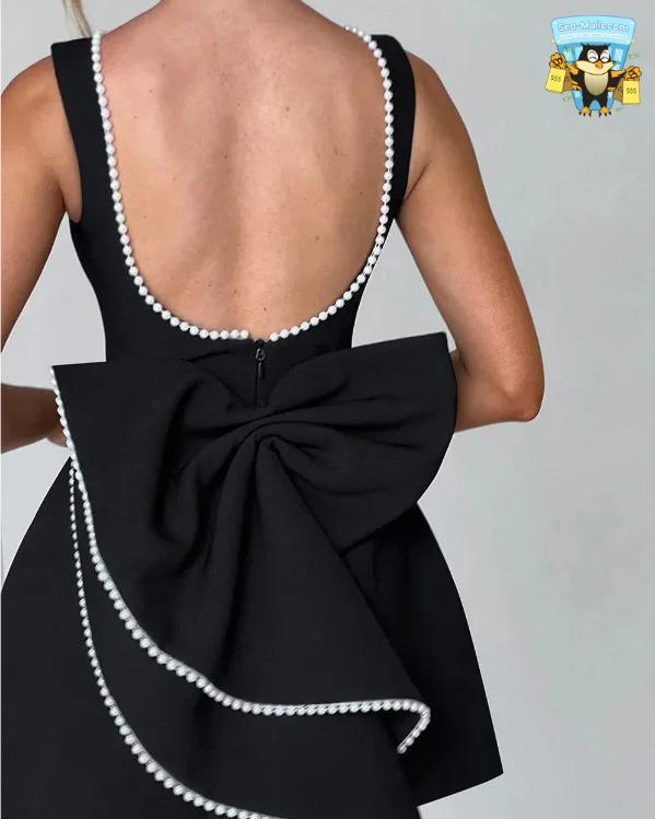 Elegant Pearl Bow Backless Mini Dress Sexy Sleeveless