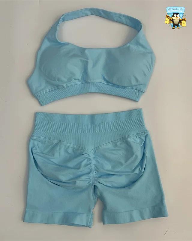 Yoga Shorts Set Seamless Scrunch Shorts Halter Sports Bra