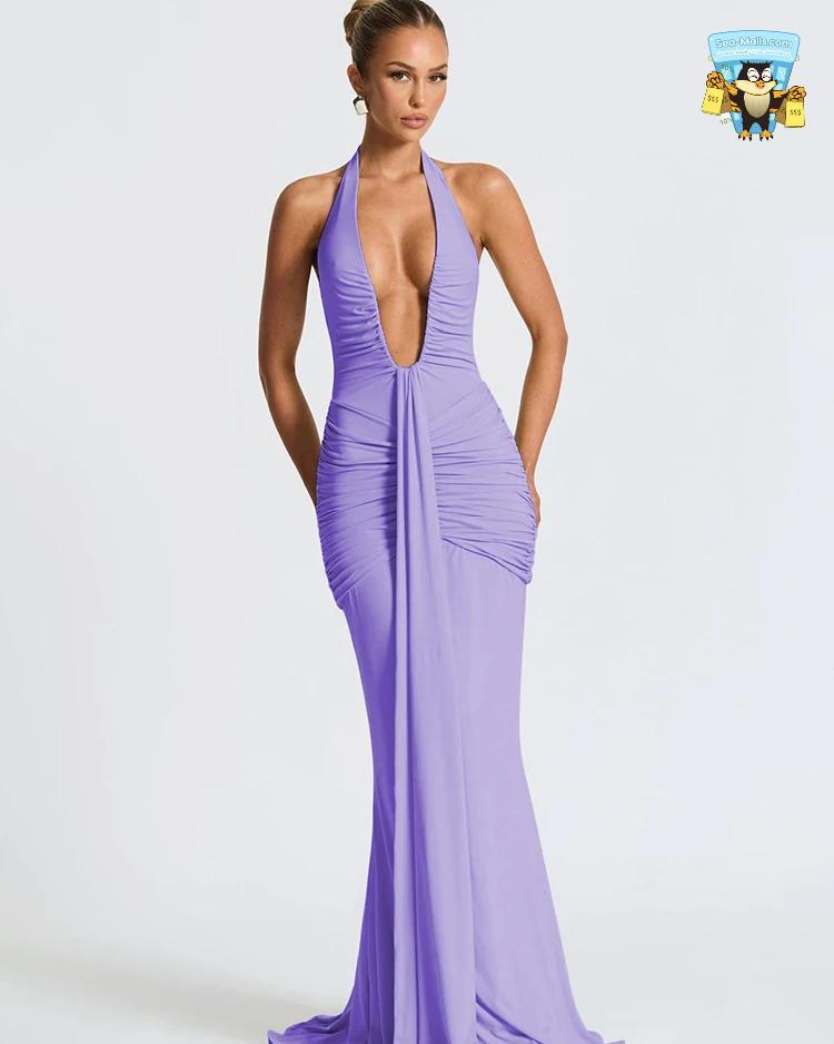 Deep V-Neck Ruched Maxi Dress Sleeveless Backless Evening Gown