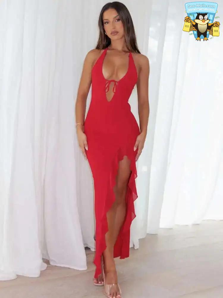 Ruffle High Split Maxi Dress Women Elegant V-Neck Summer Party Evening Gown