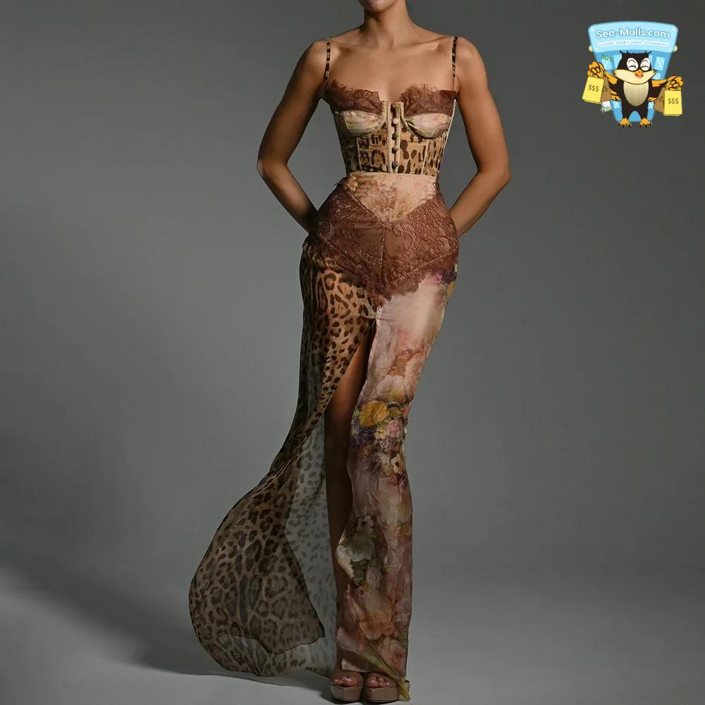 Leopard Print Maxi Dress Sleeveless Chiffon Gown with Asymmetrical Split