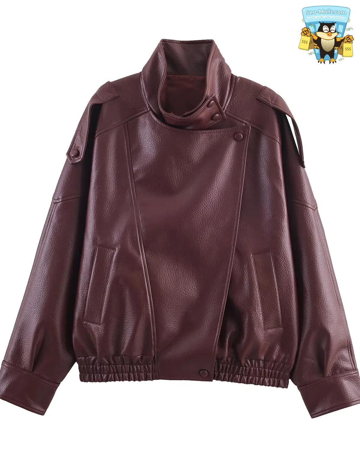 Women Autumn Asymmetric Button Jacket Long Sleeve High Street Faux Leather Coat