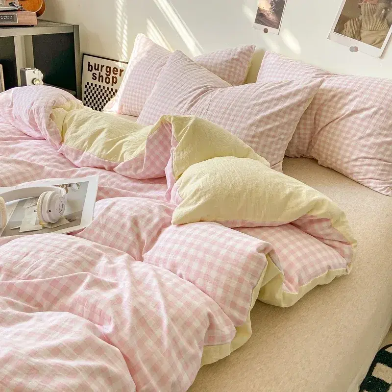 Japanese Style Check Queen Quilt Cover Set 1/3 Pcs Soft Washed Duvet Cover and Pillowcase or Only Duvet Covers Skin-friendly