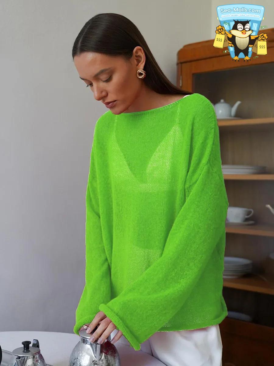 Women’s Hollow Knitted Sweater Pullover Loose Casual See-Through Long Sleeve Top