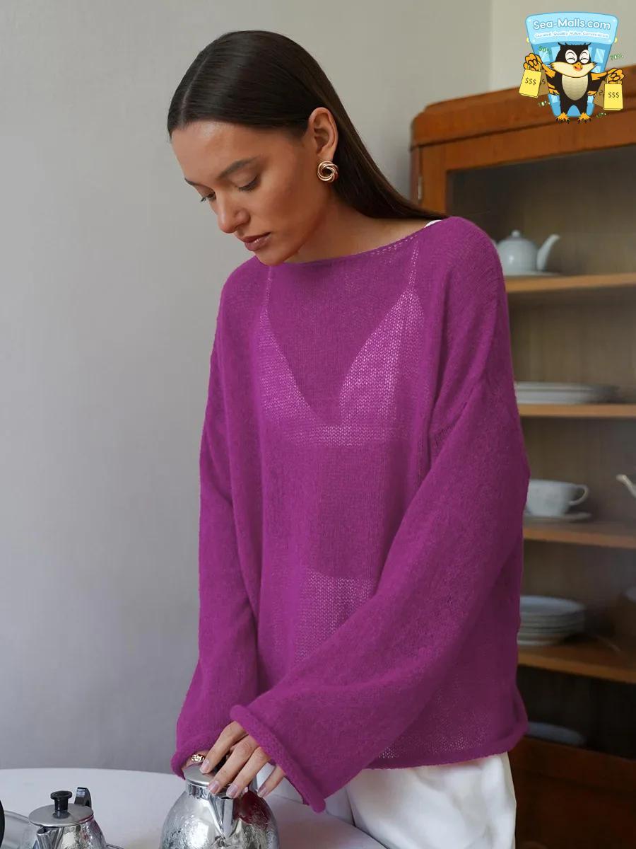 Women’s Hollow Knitted Sweater Pullover Loose Casual See-Through Long Sleeve Top