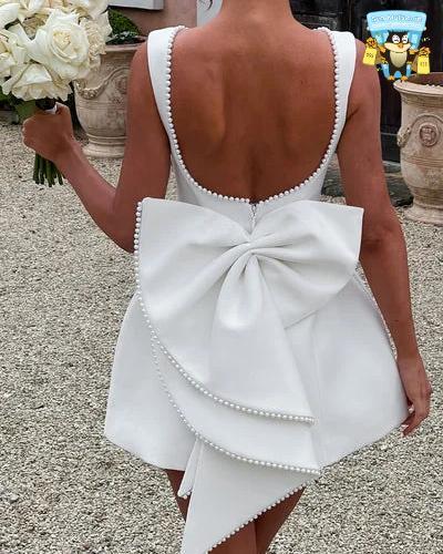 Elegant Pearl Bow Backless Mini Dress Sexy Sleeveless