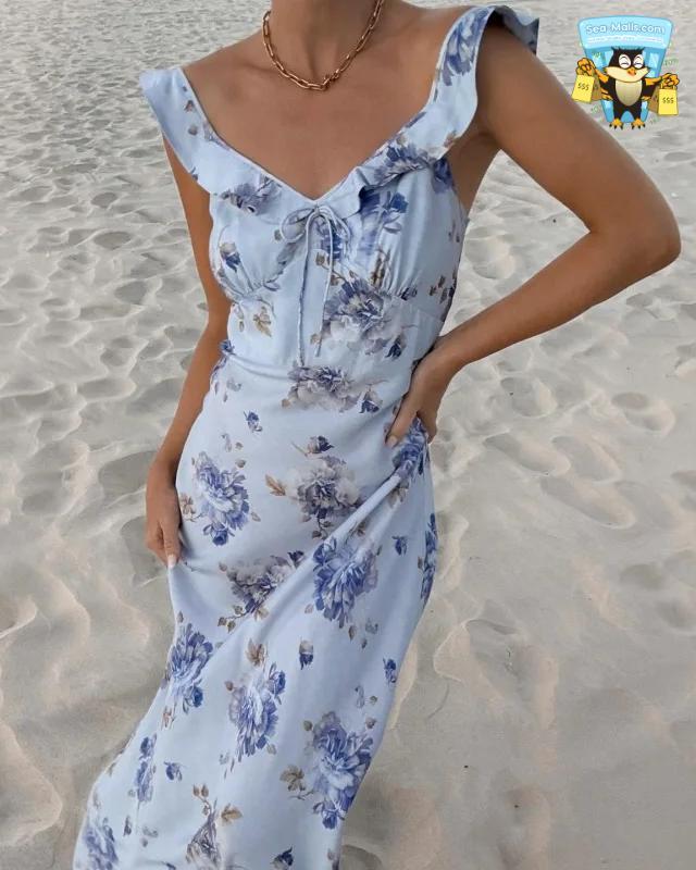 Summer Floral Plunge Maxi Dress Sexy Backless Vacation Beachwear