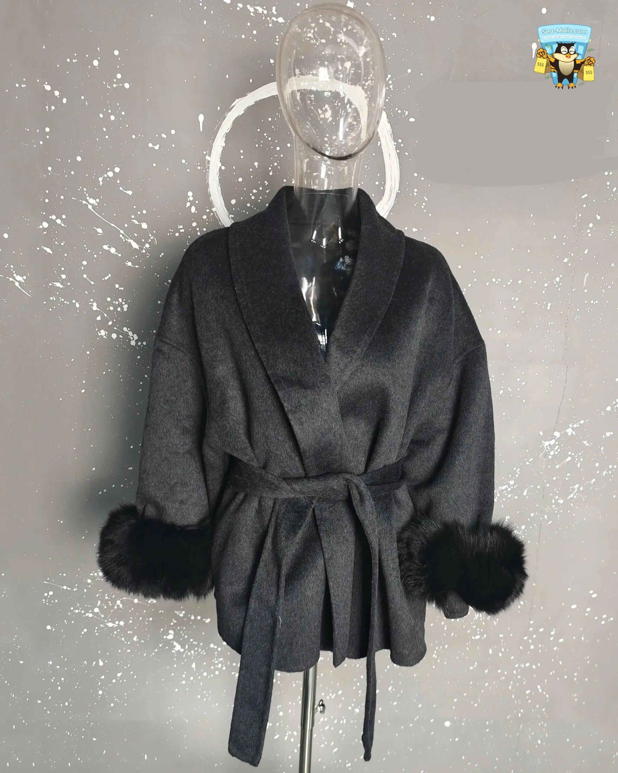 Women's Elegant Woolen Belted Coat with Fur Cuffs Long Sleeve Office Lady Overcoat