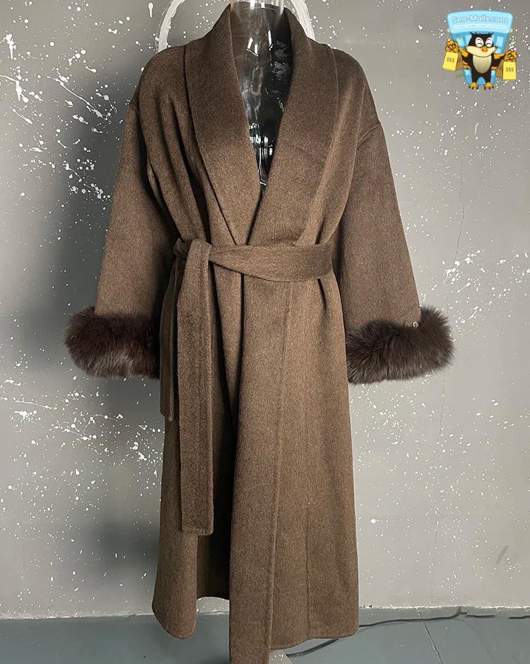 Women's Elegant Woolen Belted Coat with Fur Cuffs Long Sleeve Office Lady Overcoat