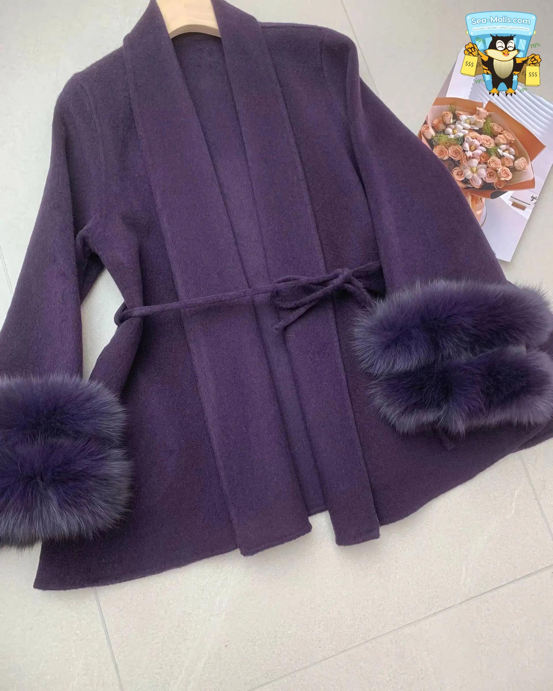 Women's Elegant Woolen Belted Coat with Fur Cuffs Long Sleeve Office Lady Overcoat