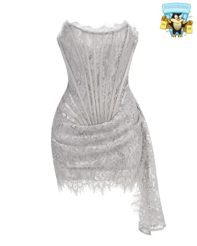 Talenza Women's Sexy Lace Dress Solid Color Sheer Patchwork High Waist Lace Dress Elegant Printed Strapless Slim Evening Dress