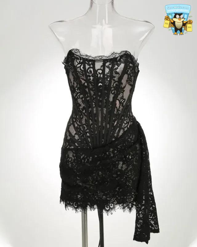 Talenza Women's Sexy Lace Dress Solid Color Sheer Patchwork High Waist Lace Dress Elegant Printed Strapless Slim Evening Dress