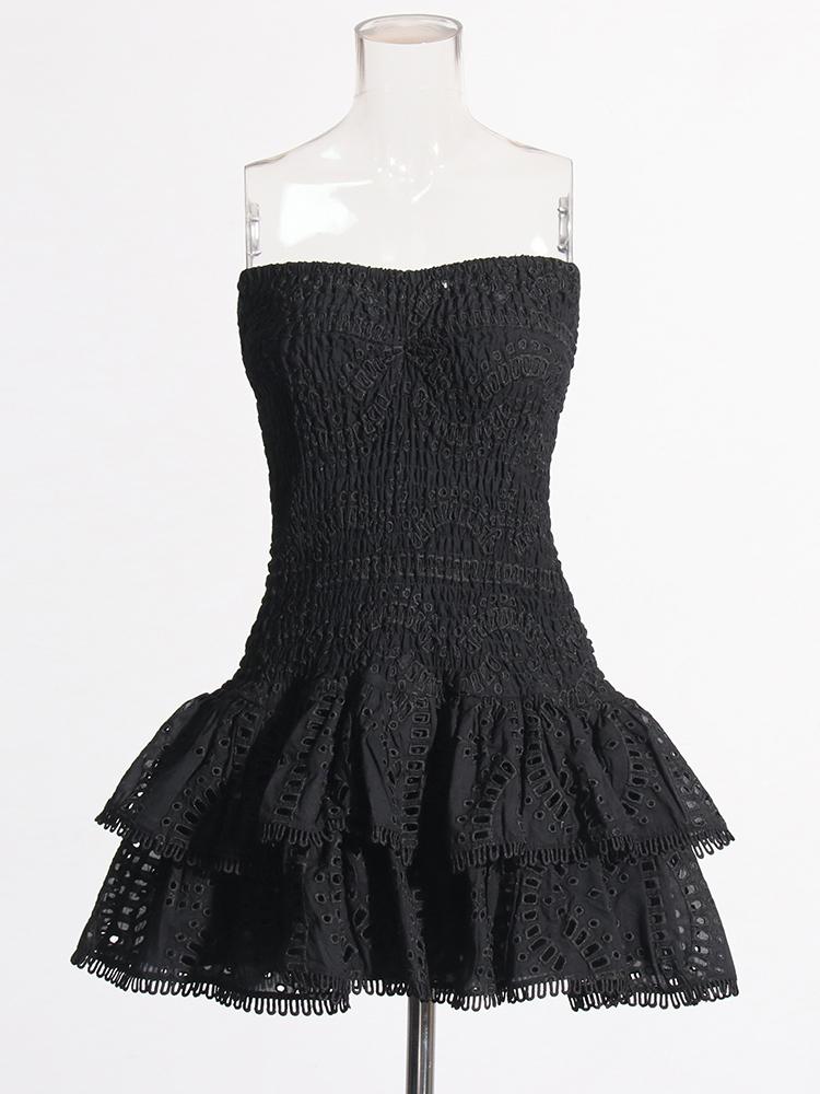 Patchwork Folds Strapless Casual Dress High-Waist Butterfly Sleeve Slim Style