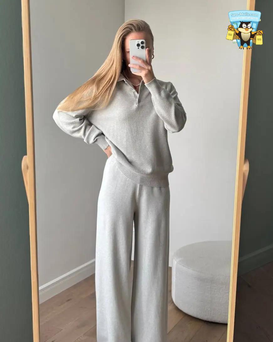 Winter Knitted Polo Sweater & Wide-Leg Pants Set for Women