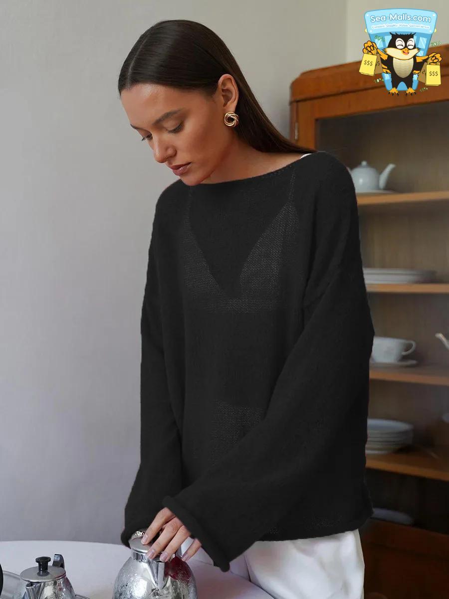 Women’s Hollow Knitted Sweater Pullover Loose Casual See-Through Long Sleeve Top