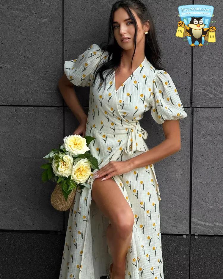 Cotton Floral A-Line Midi Dress V-Neck Puff Sleeve Summer