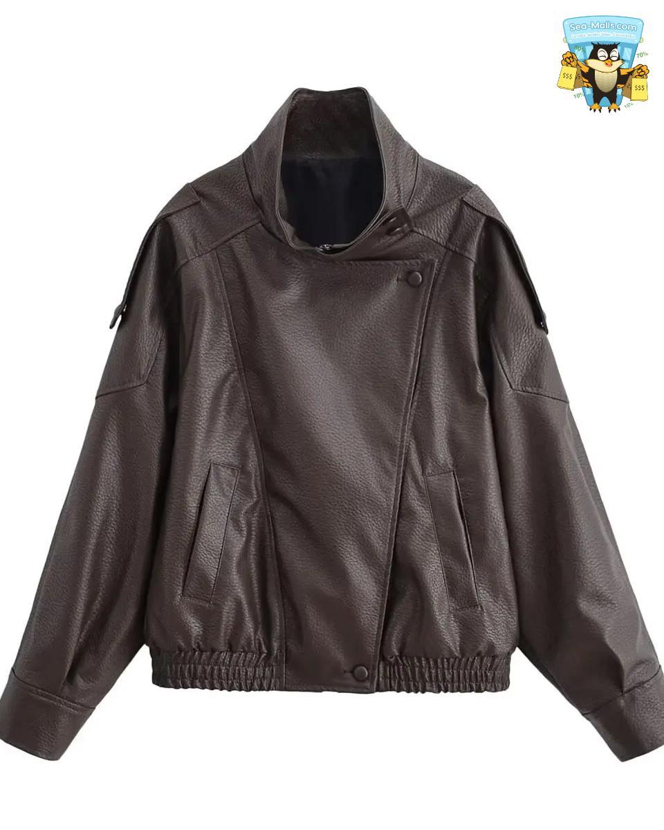 Women Autumn Asymmetric Button Jacket Long Sleeve High Street Faux Leather Coat