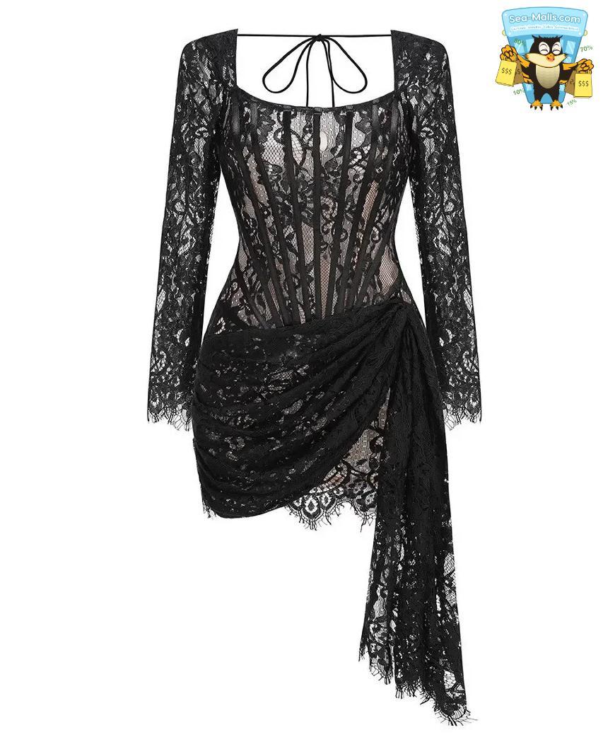 Talenza Women's Sexy Lace Dress Solid Color Sheer Patchwork High Waist Lace Dress Elegant Printed Strapless Slim Evening Dress