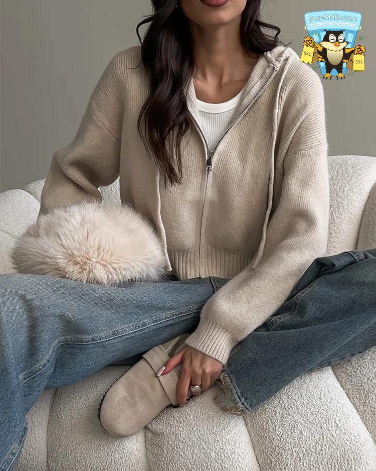 Cozy Knit Zip-Up Hooded Cardigan for Women